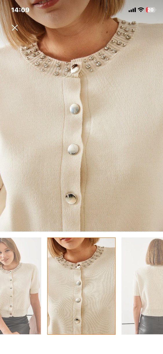 Taş işlemeli Bej Kısa Kollu Mini triko  Hırka - Görsel 3