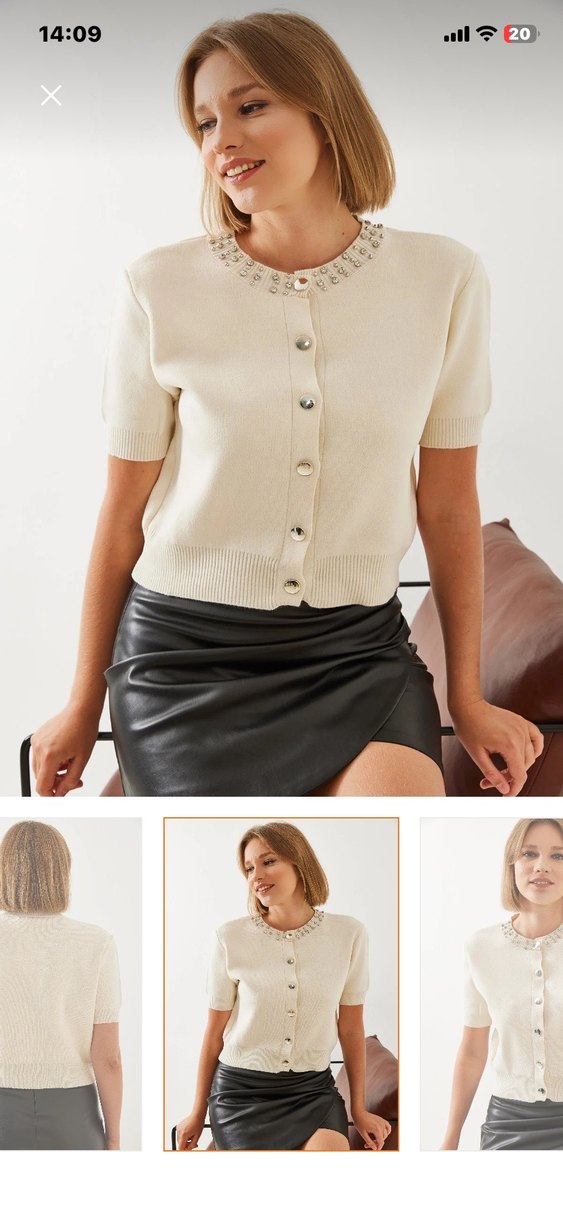 Taş işlemeli Bej Kısa Kollu Mini triko  Hırka - Görsel 2