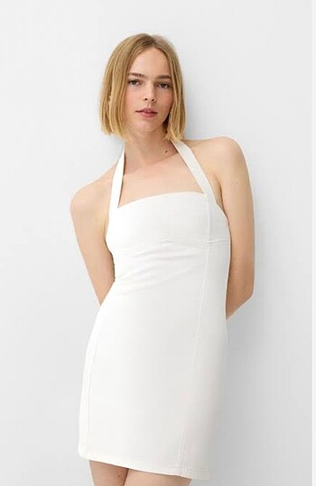 beyaz halter yaka mini elbise