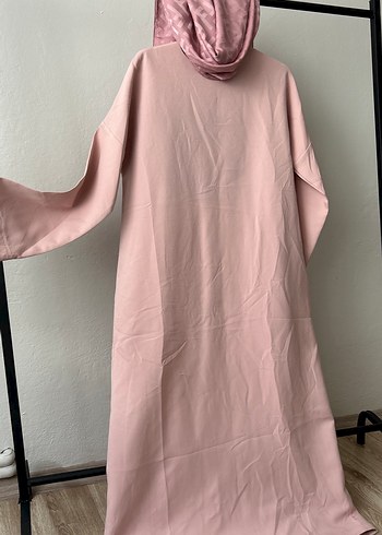 Toz Pembe Salaş Uzun Elbise yuvarlak Yaka