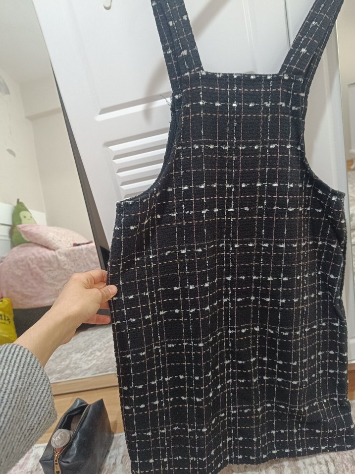 Tokalı Siyah Kareli Midi Kadın Salopet - Görsel 2