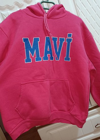 Pembe Kapüşonlu Mavi Baskılı Sweatshirt - Görsel 2