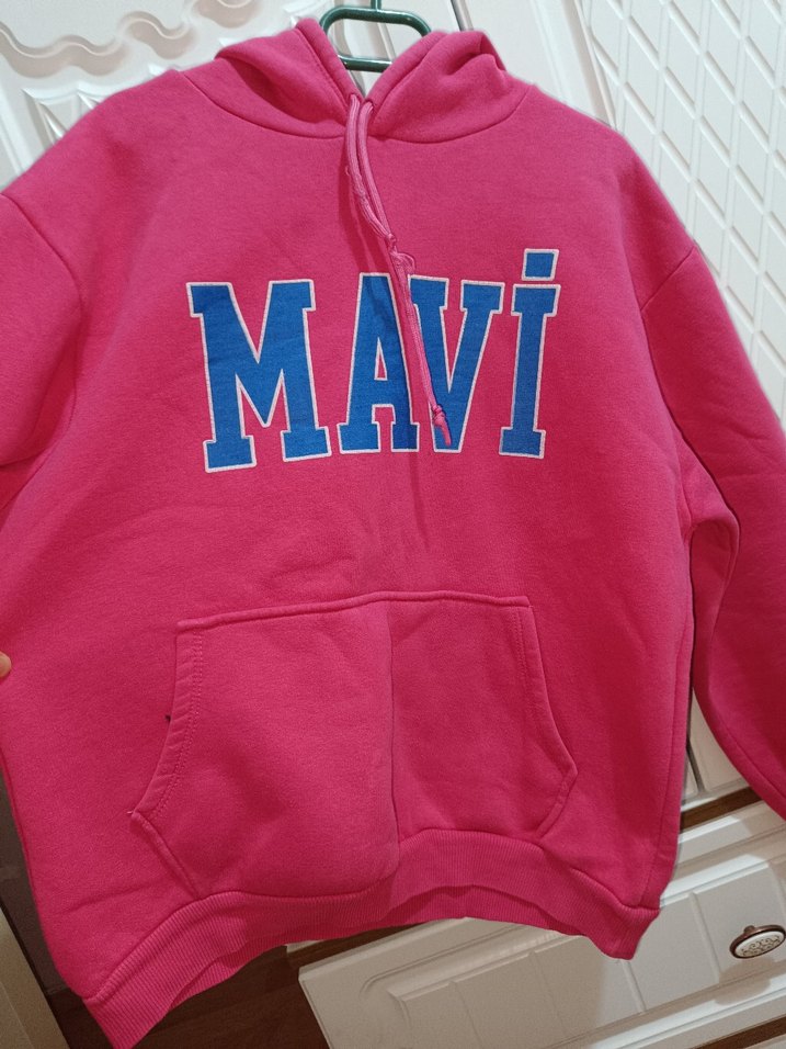 Pembe Kapüşonlu Mavi Baskılı Sweatshirt - Görsel 2