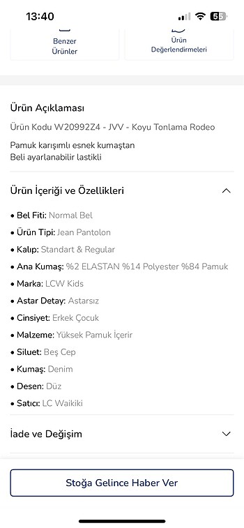 13-14 Yaş Beden LCW sıfır jean pantolon