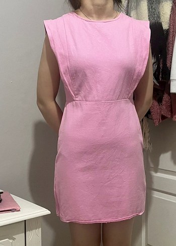 QUZU Volanlı Gabardin Pembe Mini Elbise - Görsel 2