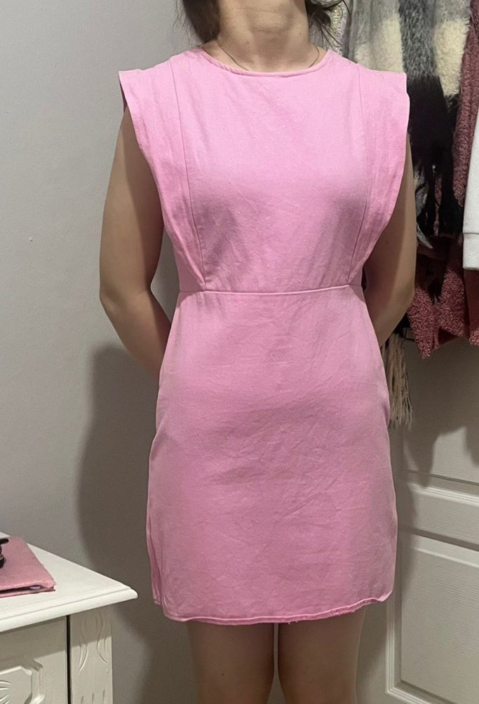 QUZU Volanlı Gabardin Pembe Mini Elbise - Görsel 2