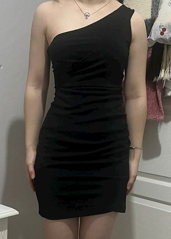 Siyah Drapeli V Yaka Mini Elbise - Görsel 2