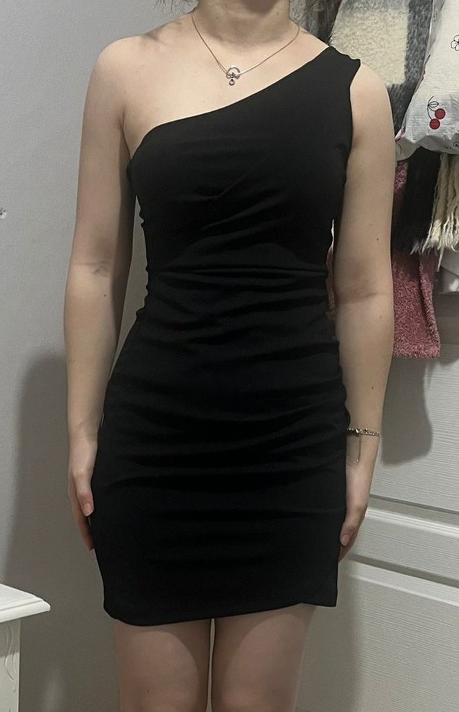 Siyah Drapeli V Yaka Mini Elbise - Görsel 2