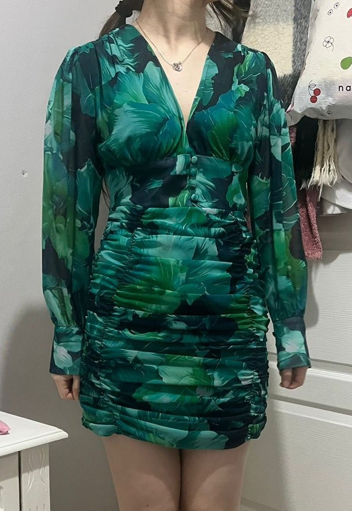 V Yaka Drapeli Yeşil Midi Elbise - Görsel 2