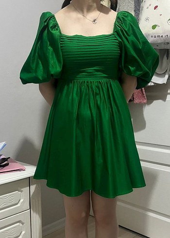 Zümrüt Yeşili Balon Kollu Mini Elbise - Görsel 2
