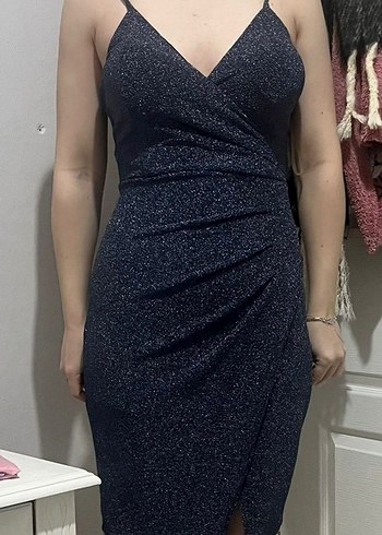 Indigo V Yaka Simli Midi Abiye Elbise - Görsel 2