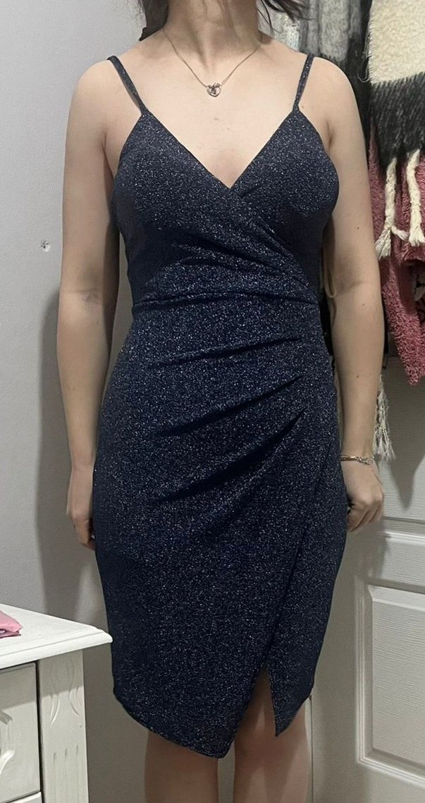 Indigo V Yaka Simli Midi Abiye Elbise - Görsel 2