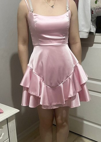 Pembe Mini Straplez Fırfırlı Elbise - Görsel 2