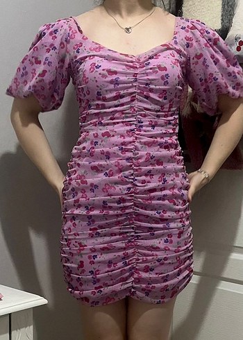 Pembe V Yaka Drapeli Midi Elbise - Görsel 2