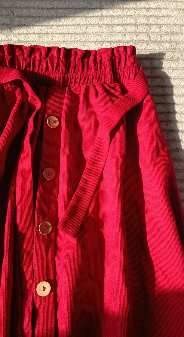 Düğmeli Kırmızı Uzun Keten Etek - Görsel 2