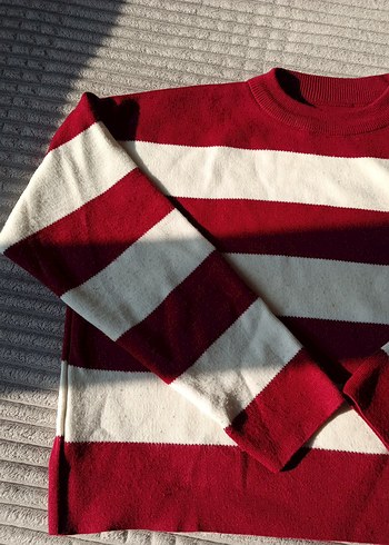 Kadın Kırmızı Çizgili Triko Kazak - Görsel 3