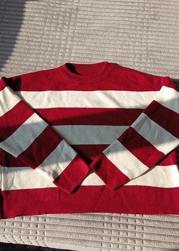 Kadın Kırmızı Çizgili Triko Kazak - Görsel 4