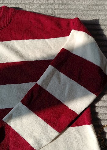 Kadın Kırmızı Çizgili Triko Kazak - Görsel 2