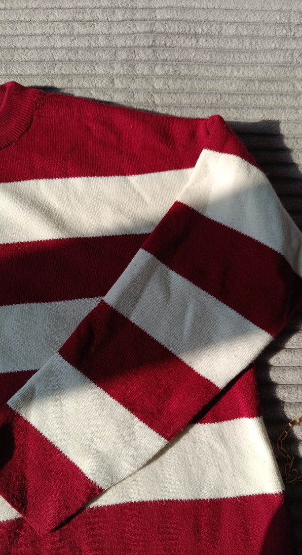 Kadın Kırmızı Çizgili Triko Kazak - Görsel 2