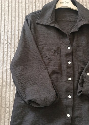 siyah  Keten Kadın Gömlek - Görsel 3