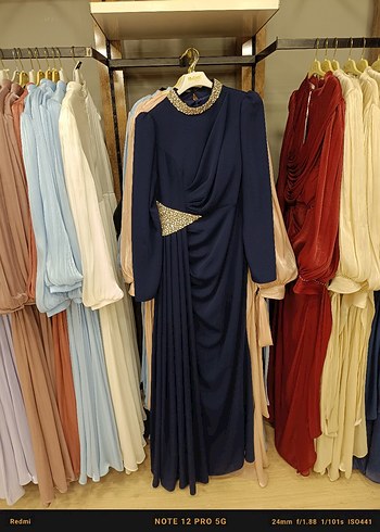46 Beden camel Renk Uzun Kollu Drapeli Kadın Abiye Elbise