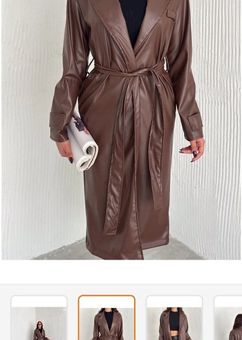 Kahverengi Deri Uzun Trençkot - Görsel 2