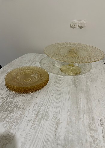 Bal rengi Vintage Ayaklı Servis Tabağı - Görsel 5