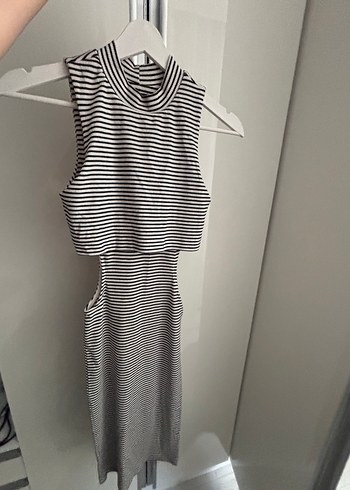 Çizgili Gri Midi Triko Elbise