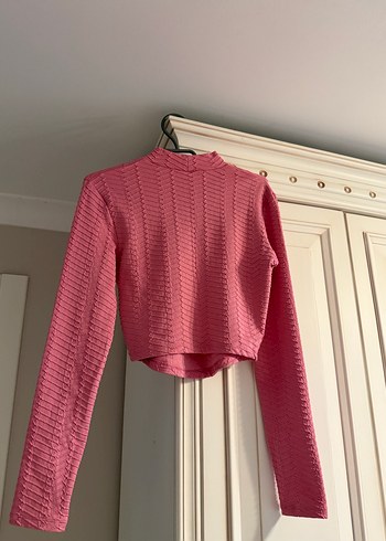 Bershka Pembe Örgü Crop Kazak, Yüksek Yaka, Uzun Kollu
