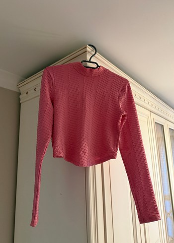 Pembe Örgü Crop Kazak, Yüksek Yaka, Uzun Kollu