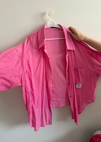 Pembe Keten Düğmeli Salaş Kadın Gömlek