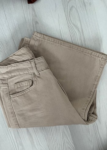 Bej Wideleg Mini Kumaş Kadın Pantolon