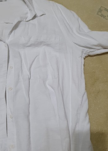 Düğmeli Beyaz Keten Kadın Gömlek - Görsel 3