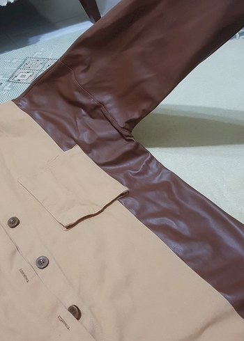 Bej Düğmeli Kadın Deri Gömlek Ceket - Görsel 3