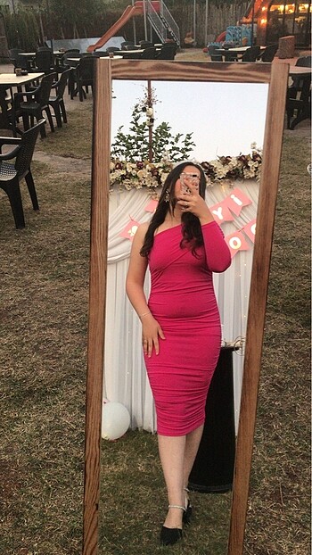 l Beden Pembe tek omuz elbise