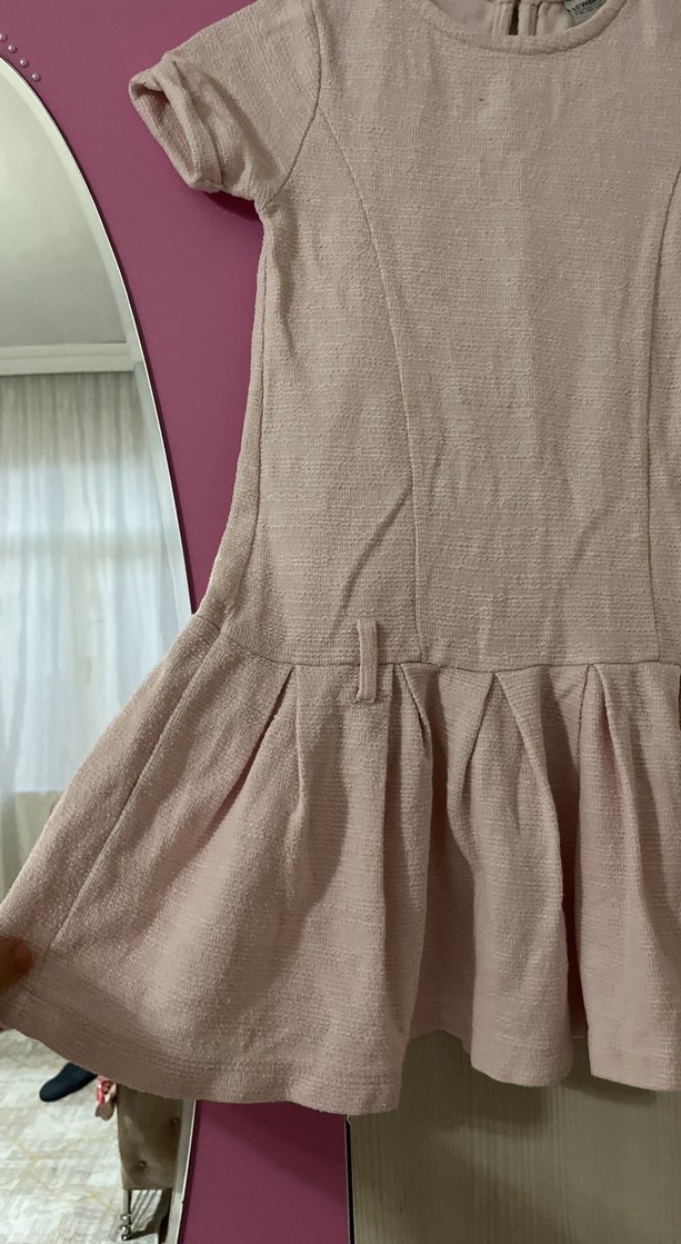 Pembe Keten Kız Çocuk Kısa Kollu Elbise - Görsel 3