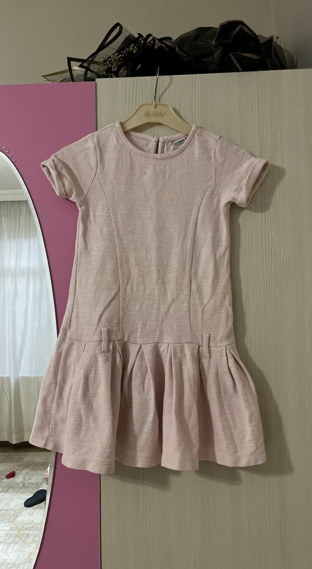 Pembe Keten Kız Çocuk Kısa Kollu Elbise - Görsel 5