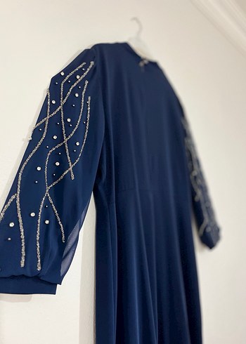 Boncuk İşlemeli Lacivert Uzun Abiye Elbise - Görsel 6