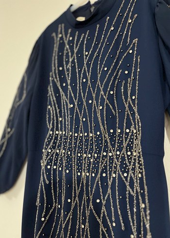 Boncuk İşlemeli Lacivert Uzun Abiye Elbise - Görsel 3