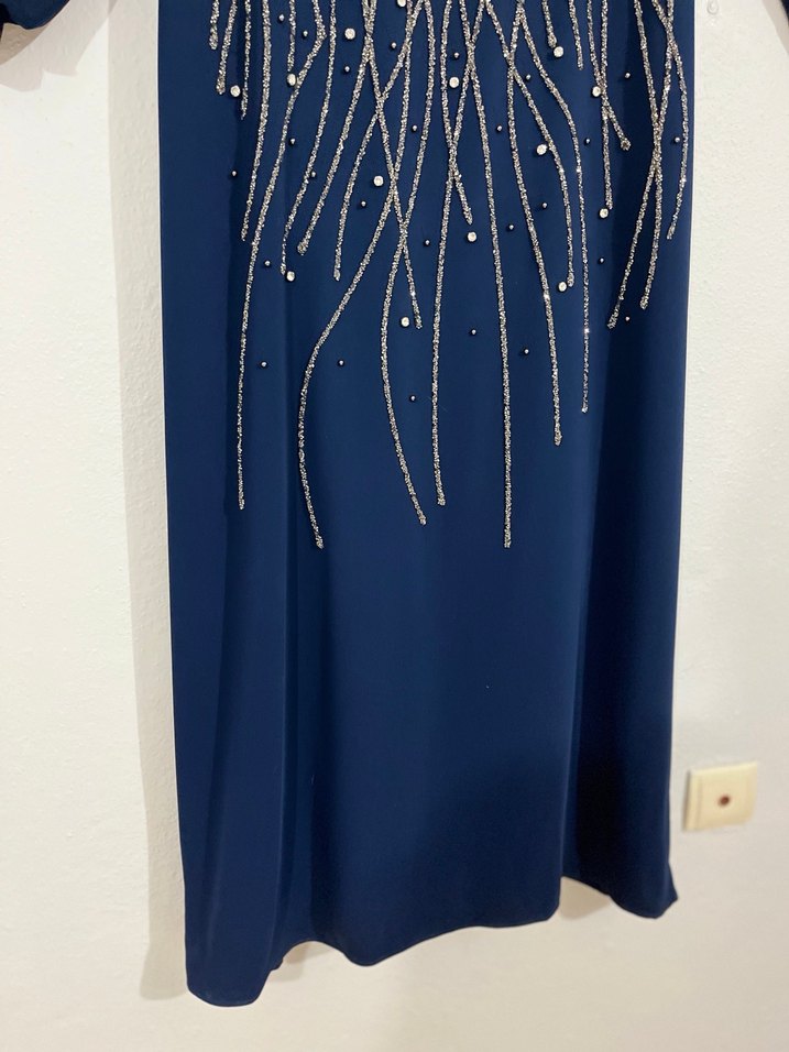 Boncuk İşlemeli Lacivert Uzun Abiye Elbise - Görsel 4