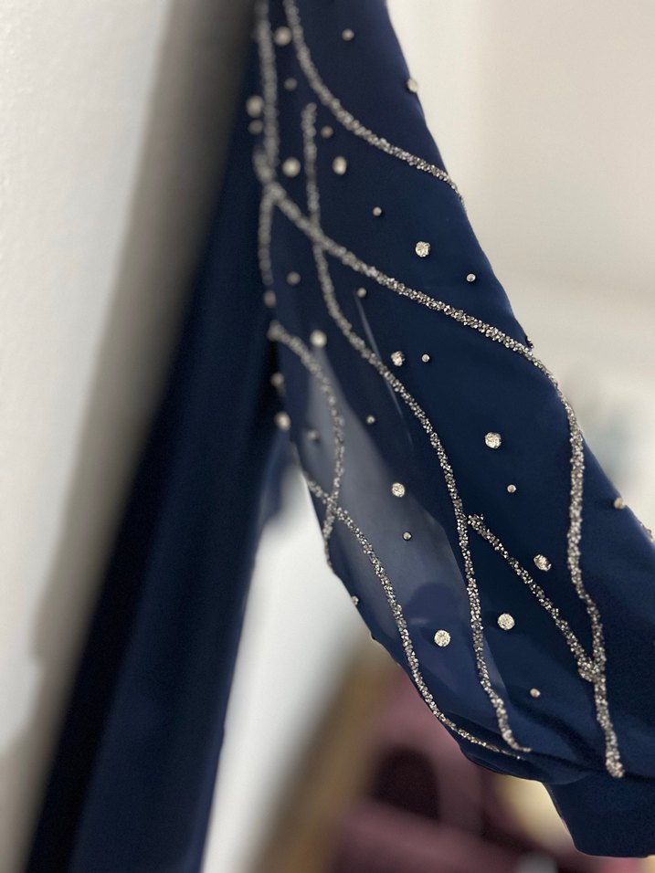 Boncuk İşlemeli Lacivert Uzun Abiye Elbise - Görsel 5
