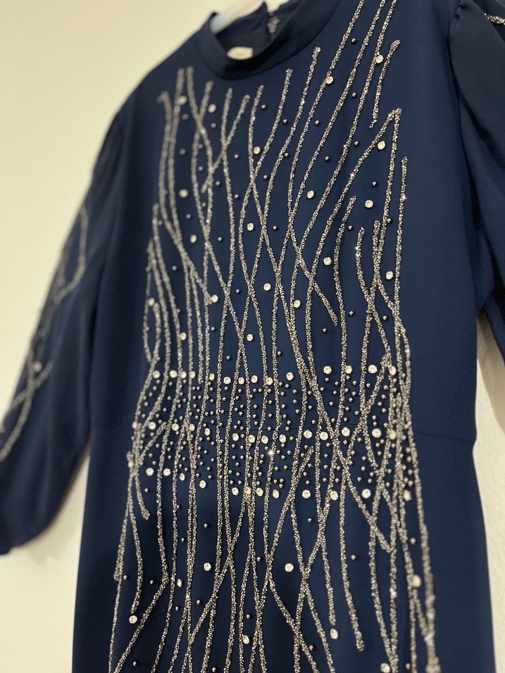 Boncuk İşlemeli Lacivert Uzun Abiye Elbise - Görsel 3