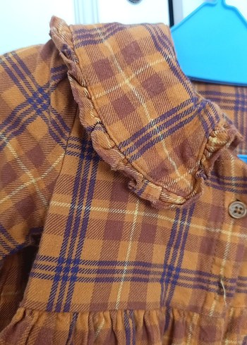 Kız Çocuk Düğmeli Uzun Kollu Kahverengi Elbise ekose desenli - Görsel 3