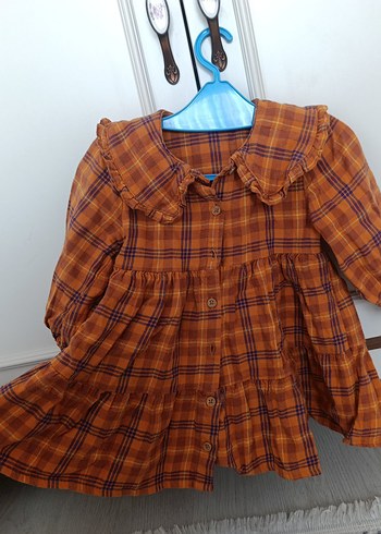 Kız Çocuk Düğmeli Uzun Kollu Kahverengi Elbise ekose desenli - Görsel 6