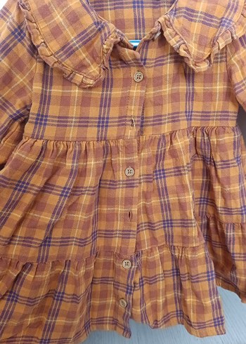 Kız Çocuk Düğmeli Uzun Kollu Kahverengi Elbise ekose desenli - Görsel 5