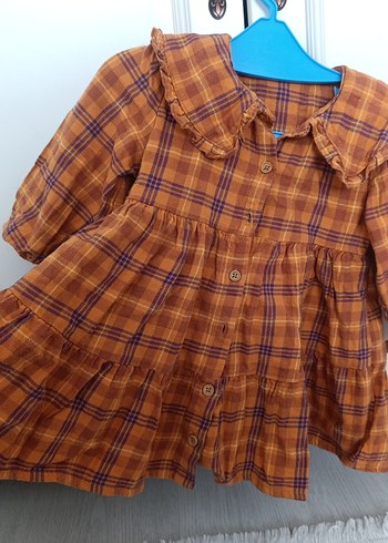 Kız Çocuk Düğmeli Uzun Kollu Kahverengi Elbise ekose desenli - Görsel 2