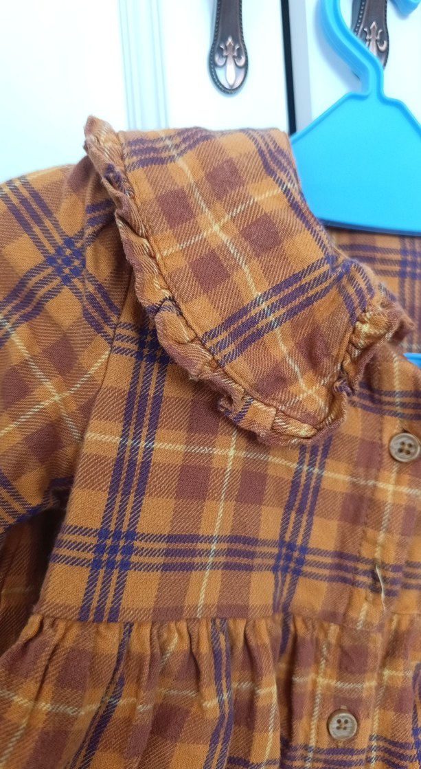 Kız Çocuk Düğmeli Uzun Kollu Kahverengi Elbise ekose desenli - Görsel 3