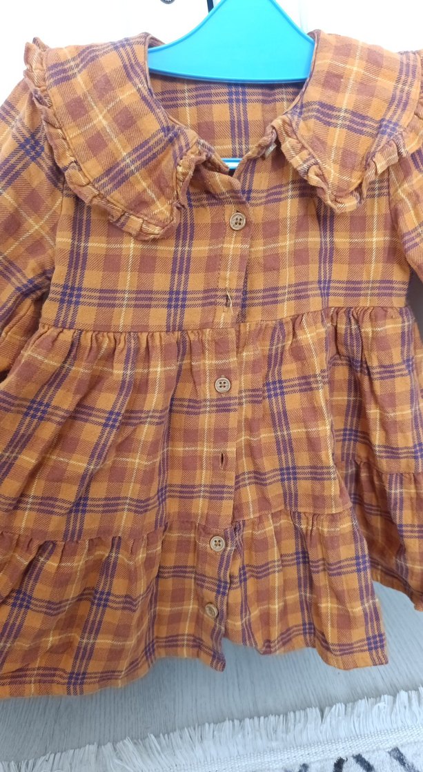 Kız Çocuk Düğmeli Uzun Kollu Kahverengi Elbise ekose desenli - Görsel 5