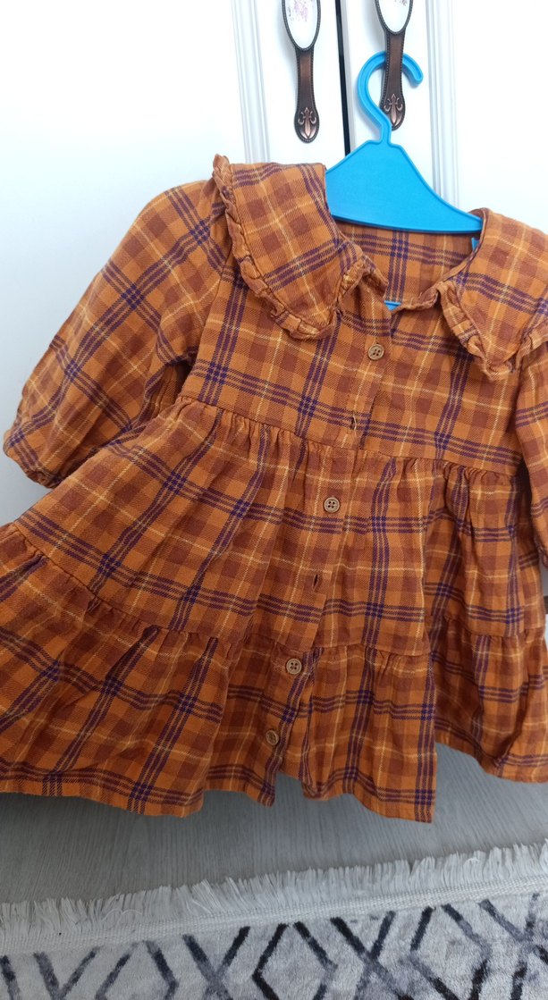 Kız Çocuk Düğmeli Uzun Kollu Kahverengi Elbise ekose desenli - Görsel 2