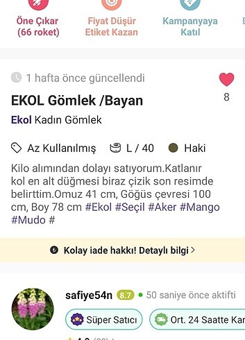 l Beden haki Renk Ekol Gömlek 